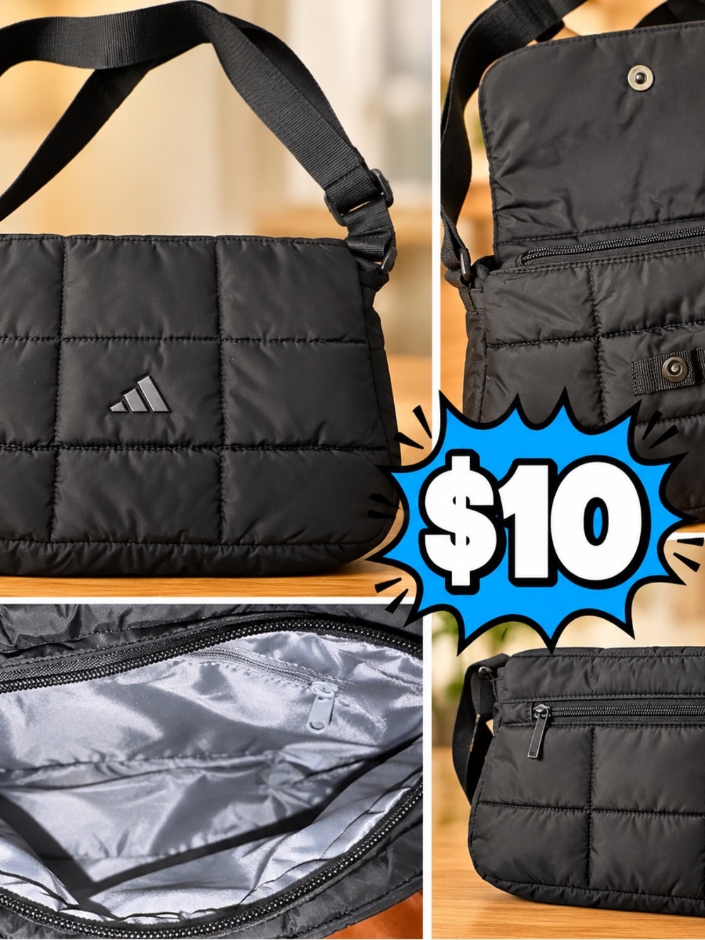 adidas Black Quilted Messenger Crossbody Bag